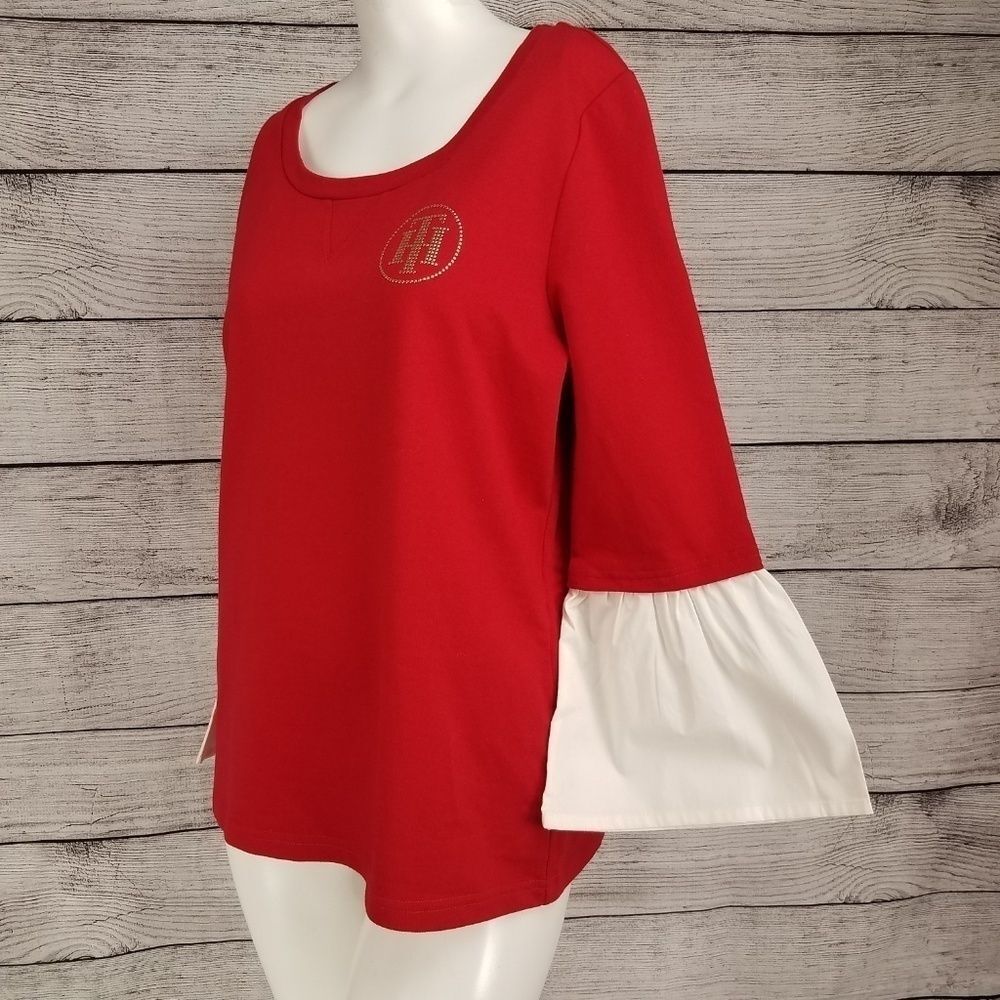 Tommy Hilfiger NWT Pullover Sweater White Faux Undershirt Red Knit Women M